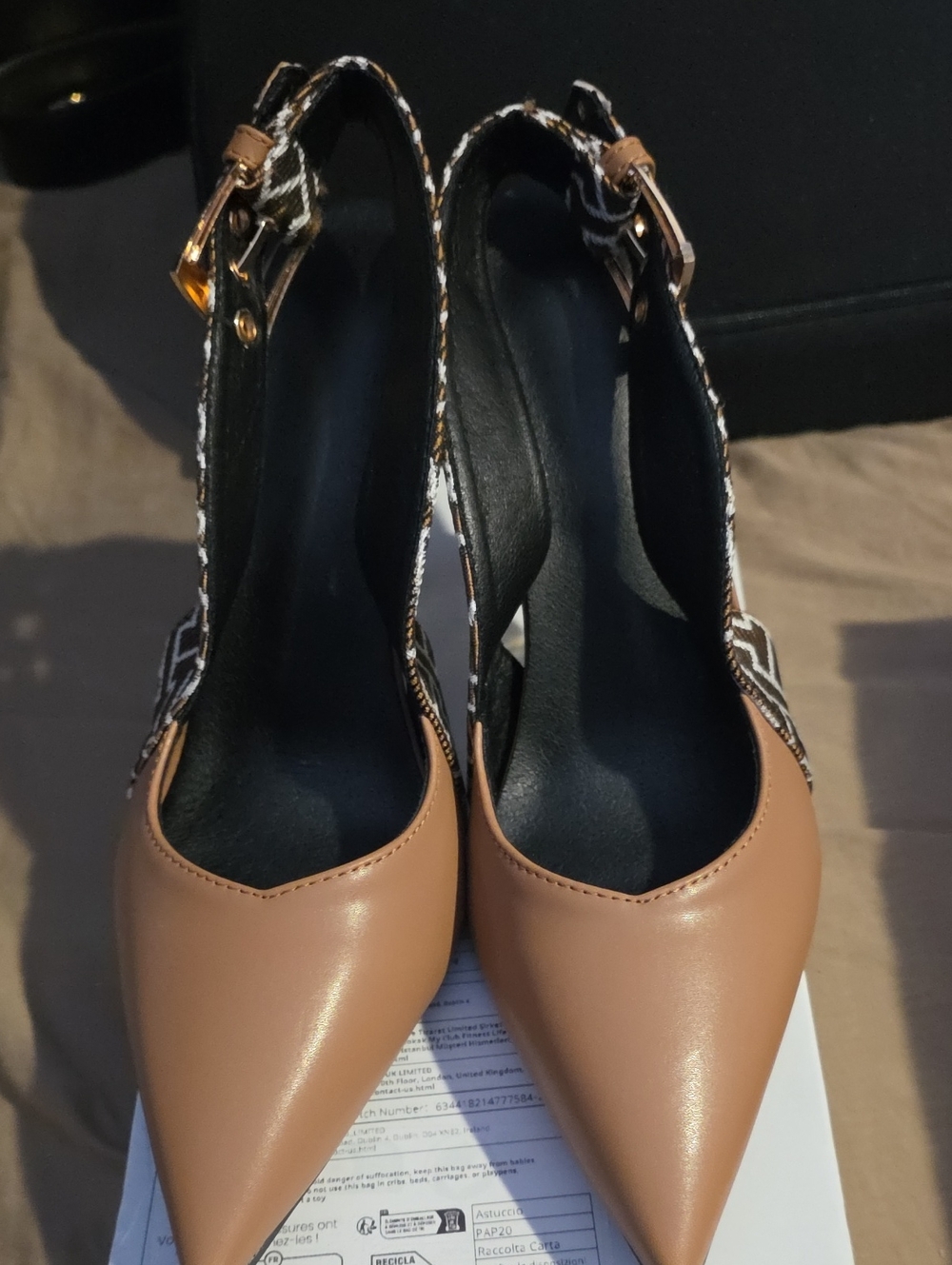 SHEIN Pointed Toe Slingback Heels in Tan with Patterned Strap
